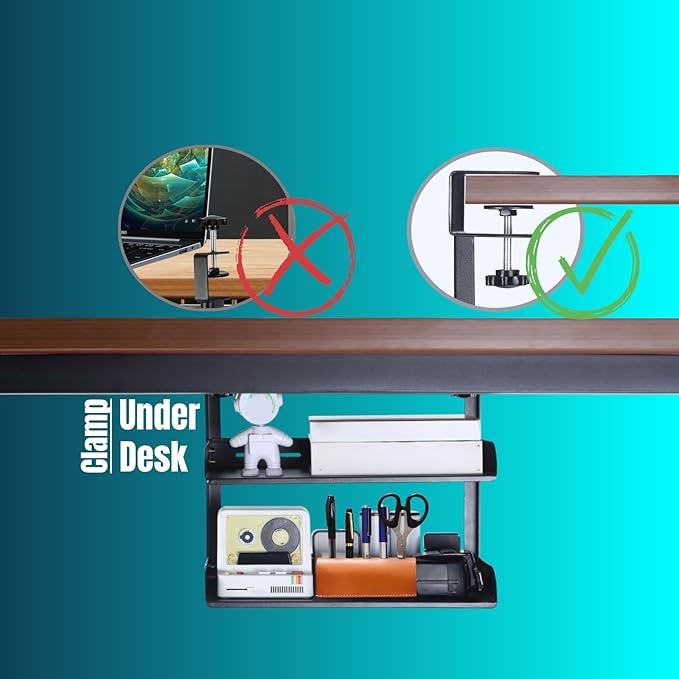 Yuxh Clamp On Desk Shelf 2 Tier Cilp Under Table Organizer, 15 inch - Image 6