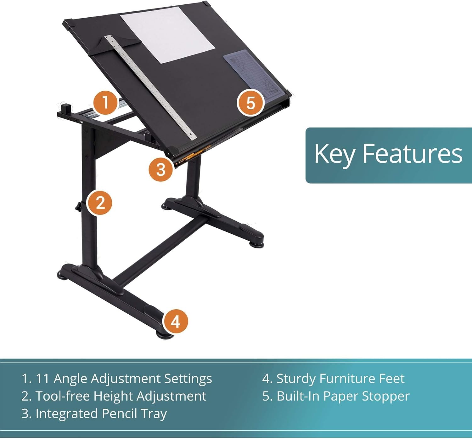 Stand Up Desk Store Adjustable Height and Angle Drafting Table Drawing Desk with Large Surface (Black Frame/Black Top, 40" W X 26" D)