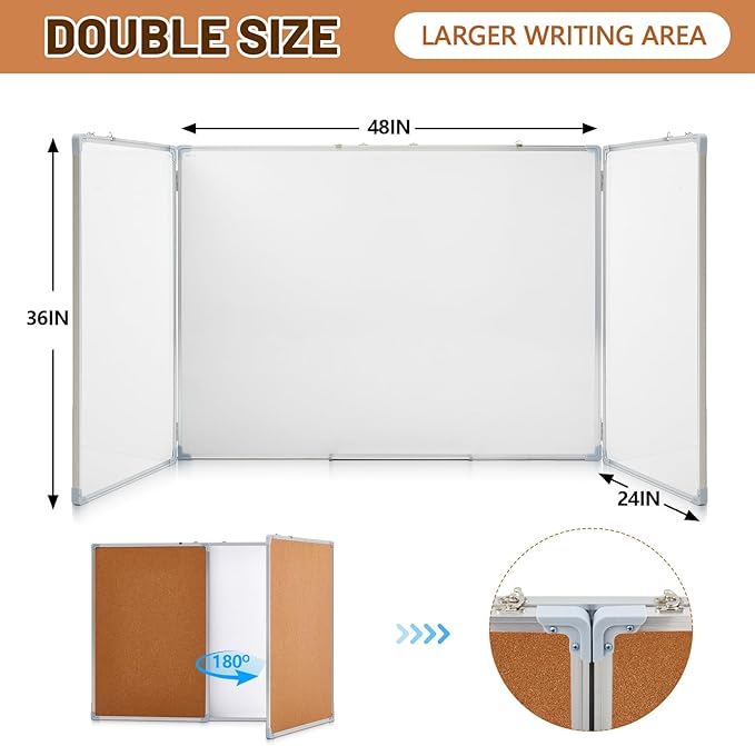 Mooliwe 96"x36" Tri-fold Cork Board Whiteboard Combo, Foldable Combination - Image 2