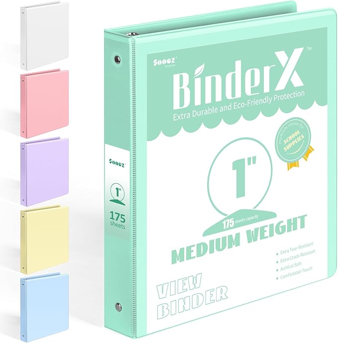 BinderX Extra Durable 3 Ring Binder, Round Ring 1 Inch Binders, Fits 175 Sheets by Sooez