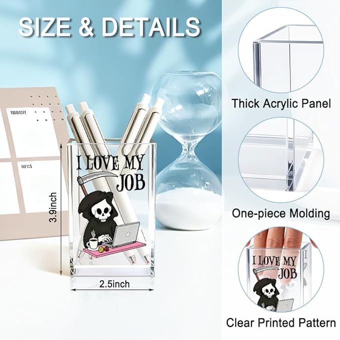 QYUVK I Love My Job Acrylic Makeup Brush Pencil Holder Cup, Funny Grim Reaper - Image 2