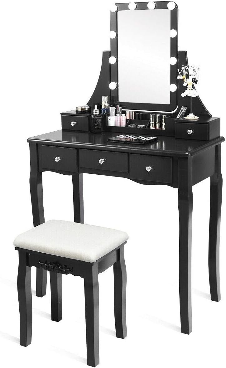 DORTALA Vanity Table Set w/Lighted Mirror, Morden Vanity Dressing Table w/ 10...