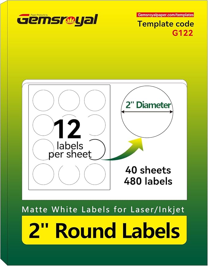 Gemsroyal 2 Inch Round Labels Printable, Matte White Printable Stickers by Gemsroyal