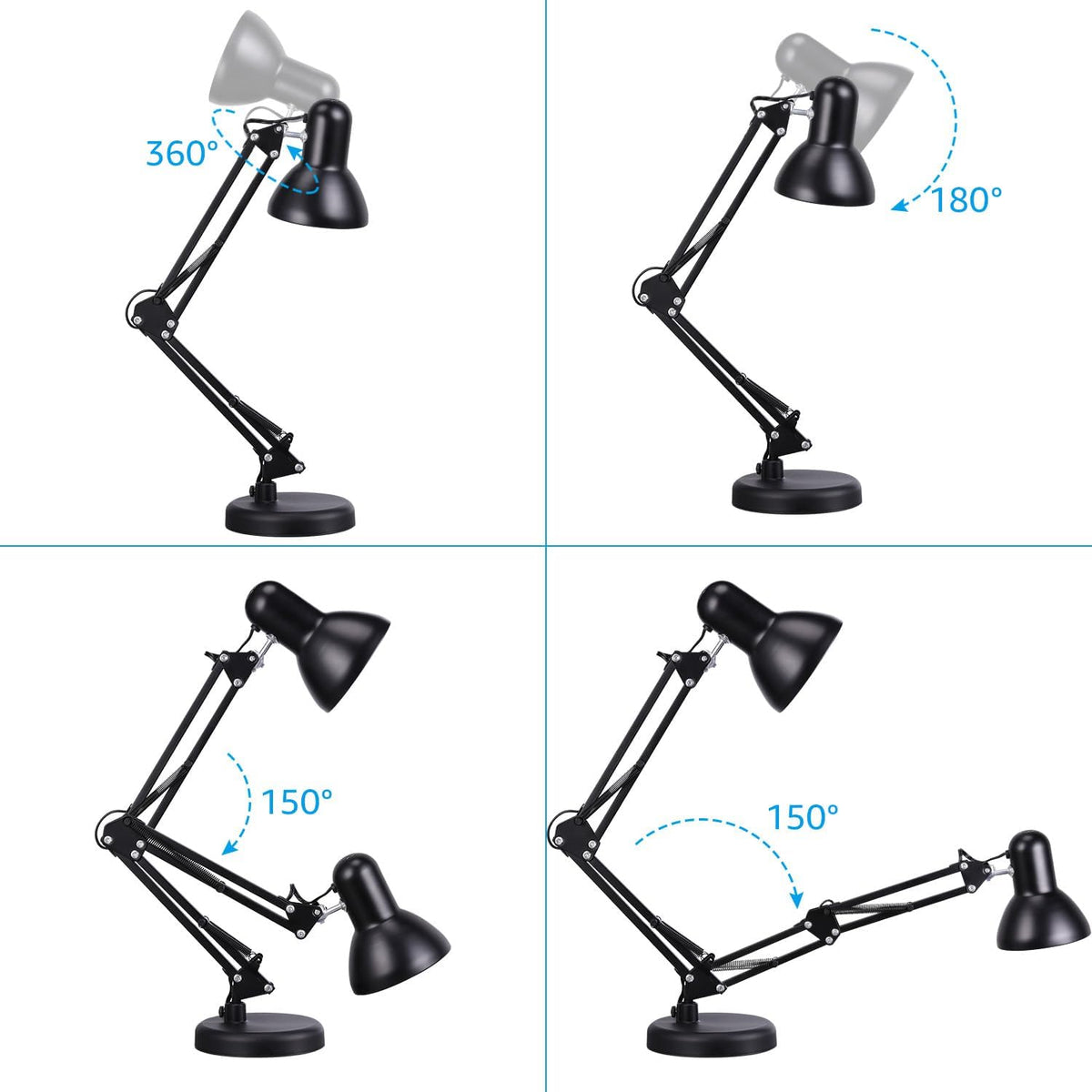 TORCHSTAR Metal Desk Lamp, Adjustable Swing Arm, E26, Black (Pack of 2)