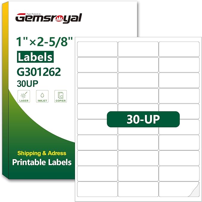 Gemsroyal 1”×2-5/8" Address Labels Printable, 1×2-5/8 inch Shipping Label by Gemsroyal
