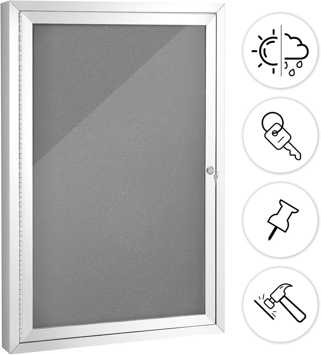 SWANCROWN Enclosed Bulletin Board Grey Felt Displays Boards Weather Resistant