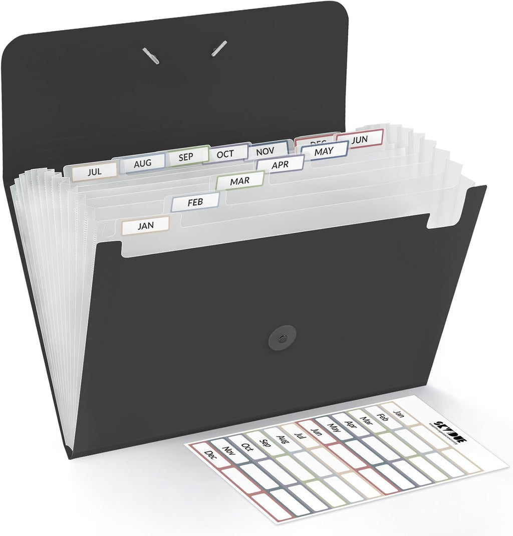 SKYDUE Expanding File Folde rwith 13 Pockets, Accordion File Organizer fits for A4/Letter Sized Paper, Accordion Folder with Labels - Document Receipt Organizer for Office, School, Home Blak