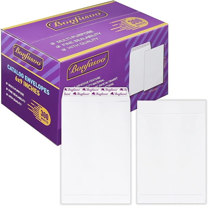 Bonfasvo 300 Pack 6x9 White Catalog Envelopes Peel & Seal Security Mailing by Bonfasvo