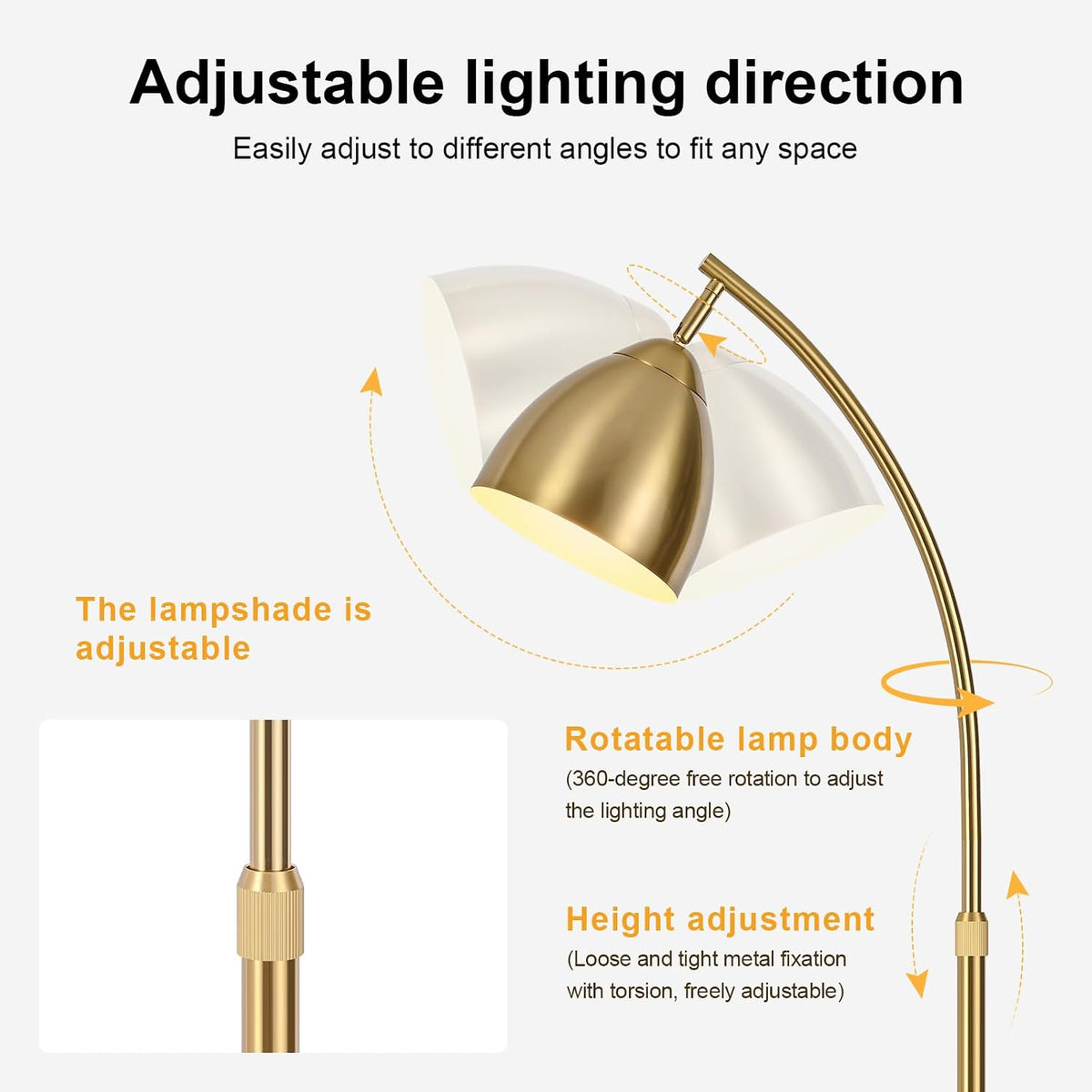 Brushed Gold Standing Lamp with Table, Adjustable Head,Bulb Included