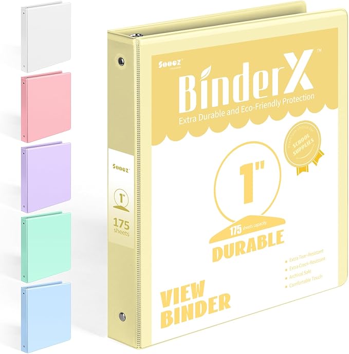 BinderX Extra Durable 3 Ring Binder, Round Ring 1 Inch Binders, Fits 175 Sheets by Sooez