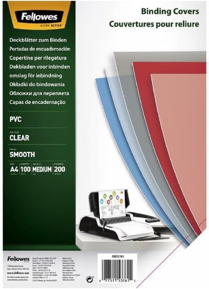 Fellowes A4 Binding Covers, PVC 200 Micron, Clear, Pack of 100