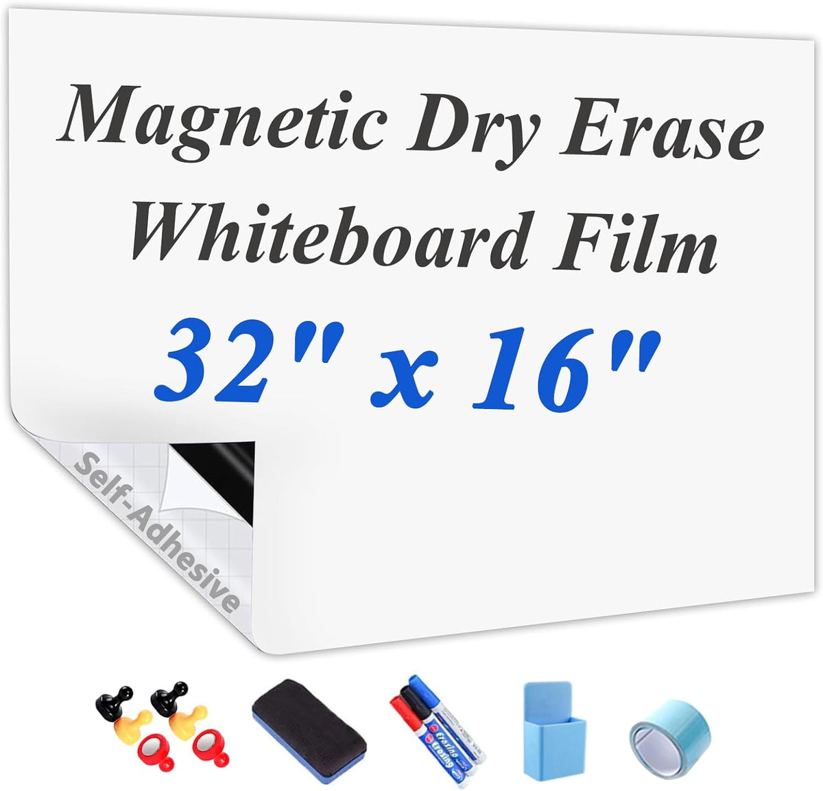 JUMUBOARD Self-Adhesive Magnetic Dry Erase Whiteboard Sticker, 32" x 16&...