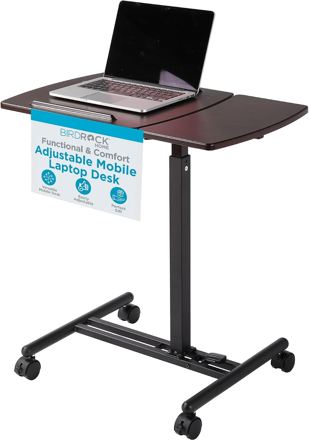 BIRDROCK HOME Adjustable Mobile Laptop Stand - Brown - Portable Rolling Stand...