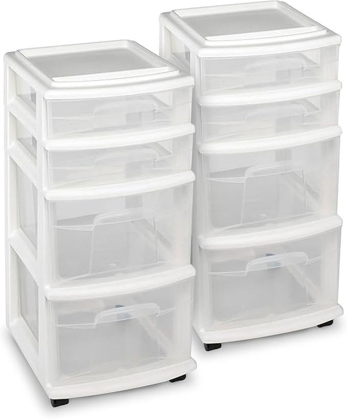 HOMZ 2-Pack Drawer Tower, 4-Tier Clear Plastic Storage Organizer Cart, and by Homz