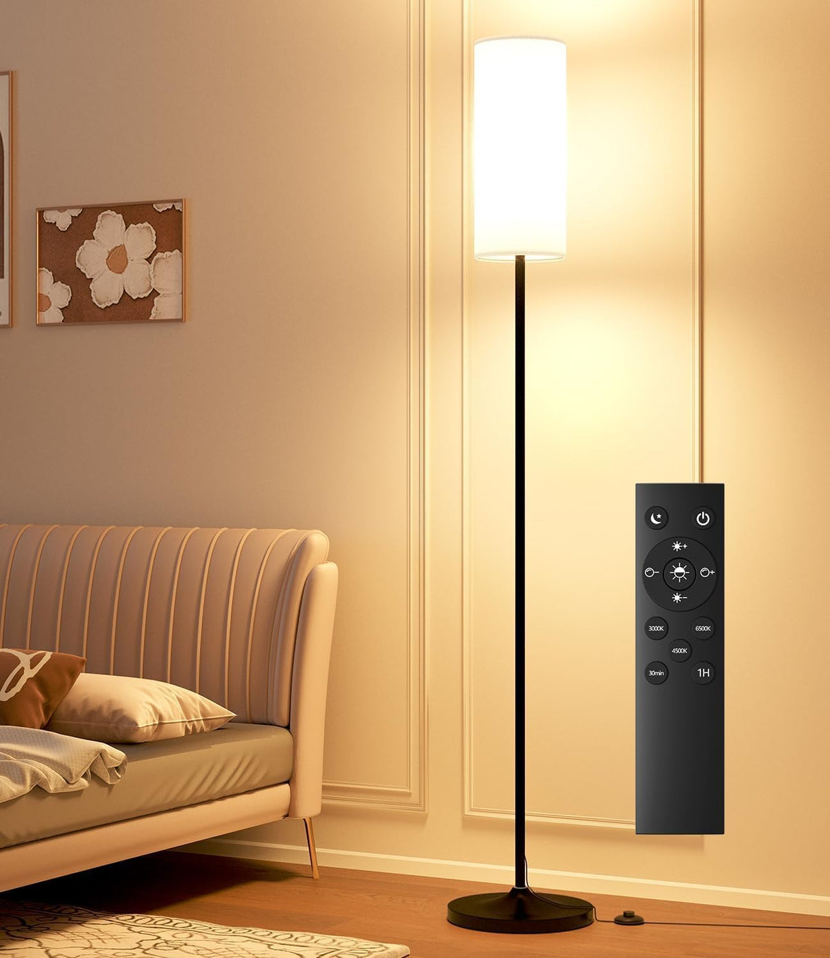 USTO Dimmable Floor Lamp with Remote,12W Led Bulb and Foot Switch, Black