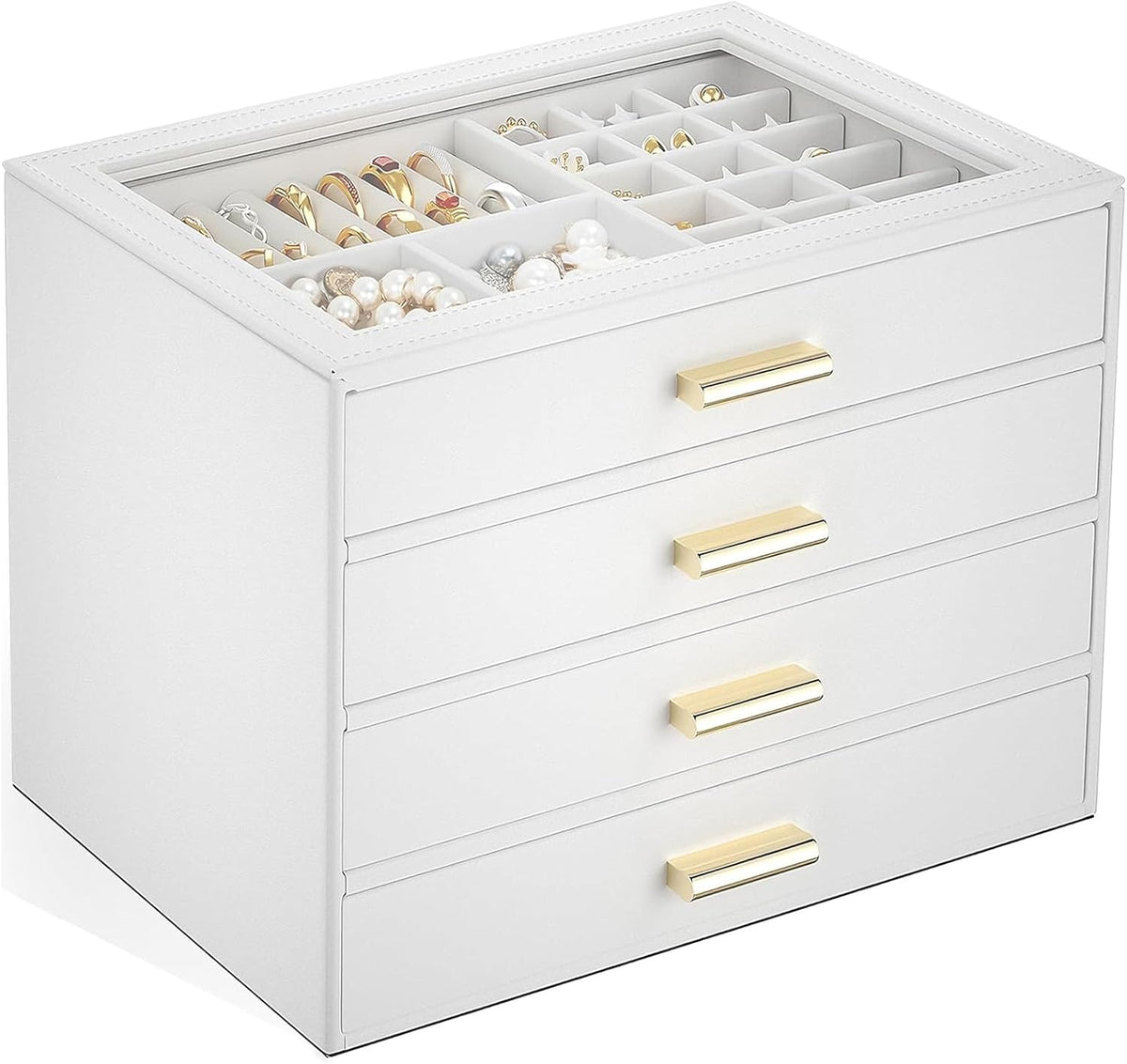 AKOZLIN Jewelry Box Organizer with Clear Lid 4 Drawers White