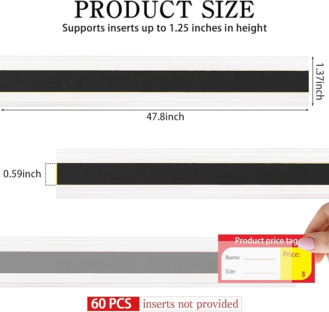 60 Pcs 47.8 x 1.37 Inch Shelf Label Strips Black Clear PVC Ticket Channel Back - Image 3