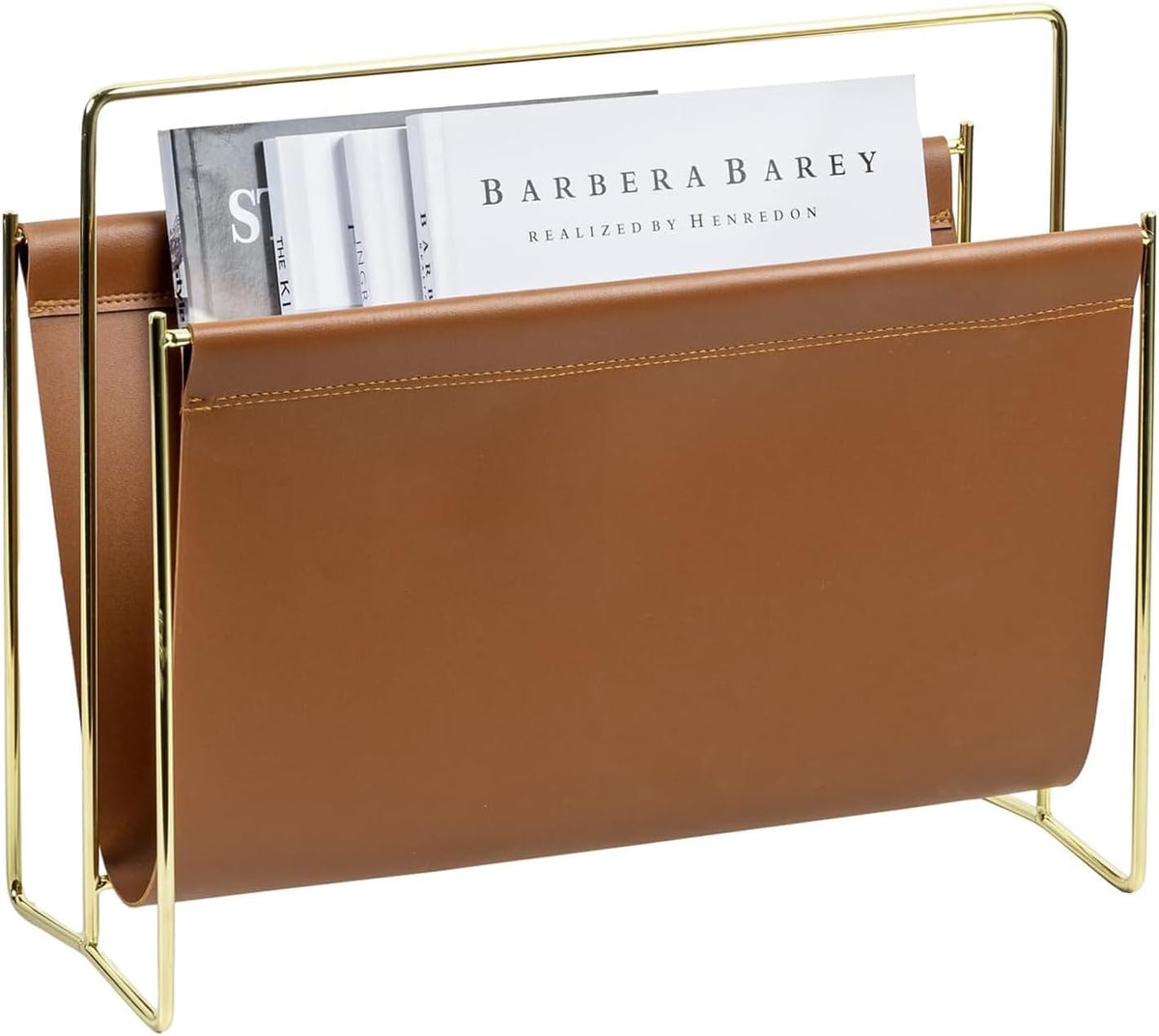 MyGift Caramel Leatherette Magazine Holder with Brass Metal Frame, 15 Inch