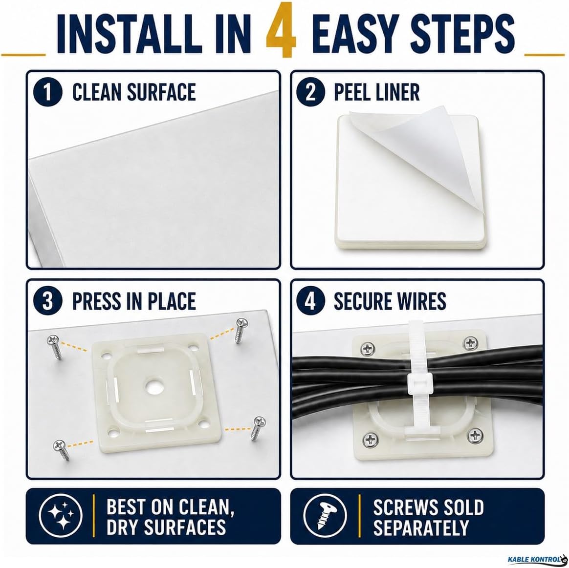 Kable Kontrol Zip Tie Mounts, 1-1/2” Natural White 2500 Pcs Adhesive Backed