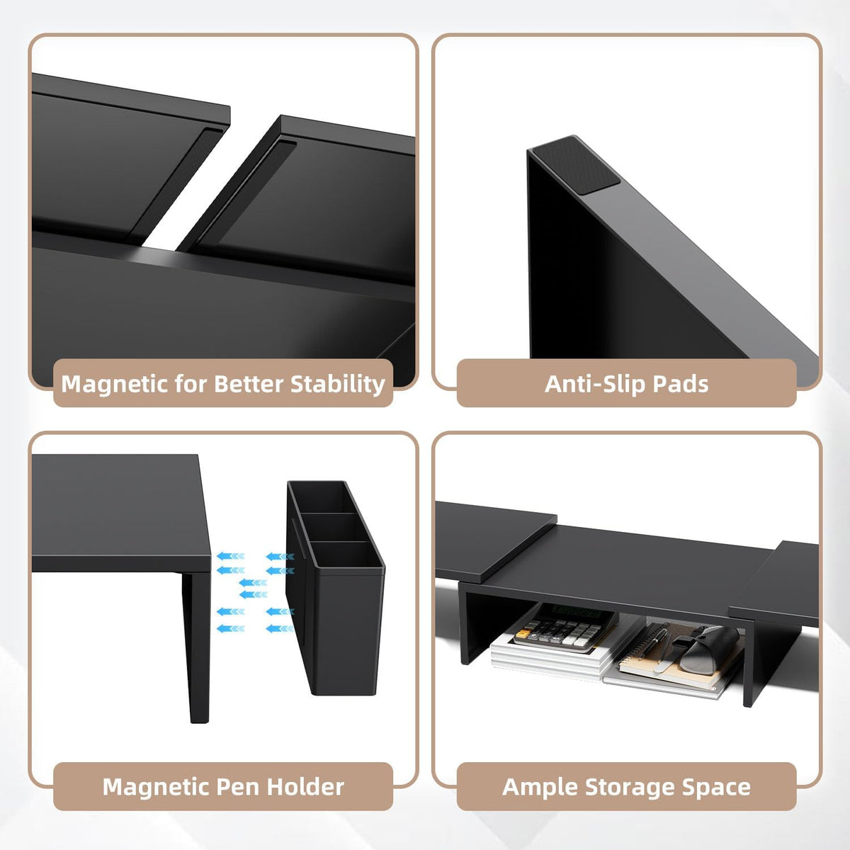 AUPSEN Dual Monitor Stand Riser with 2 Pen Holders, Desk Organizer, Black