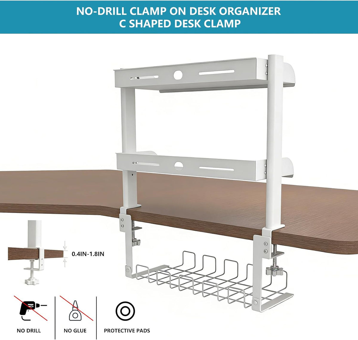 3 Tier Clamp on Desk Shelf,Desktop Organizer with Under Desk Hidden Basket
