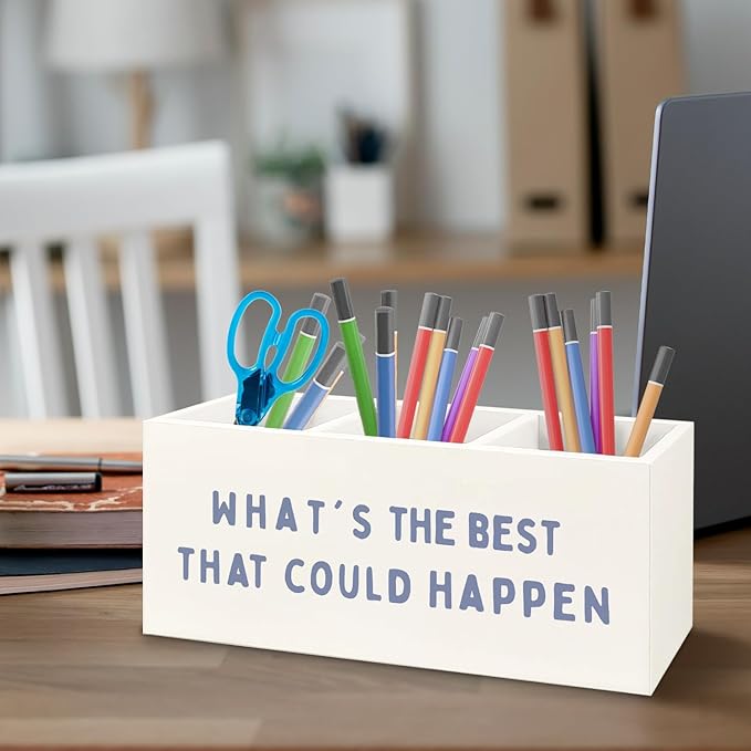 URLLUAE What's the Best That Could Happen Inspirational Wooden Pen Pencil Holder - Image 3