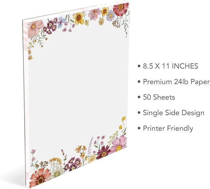 Flower Paper Stationery, Floral Letterhead Paper 8.5 x 11 Inches, 50 Sheets - Image 2