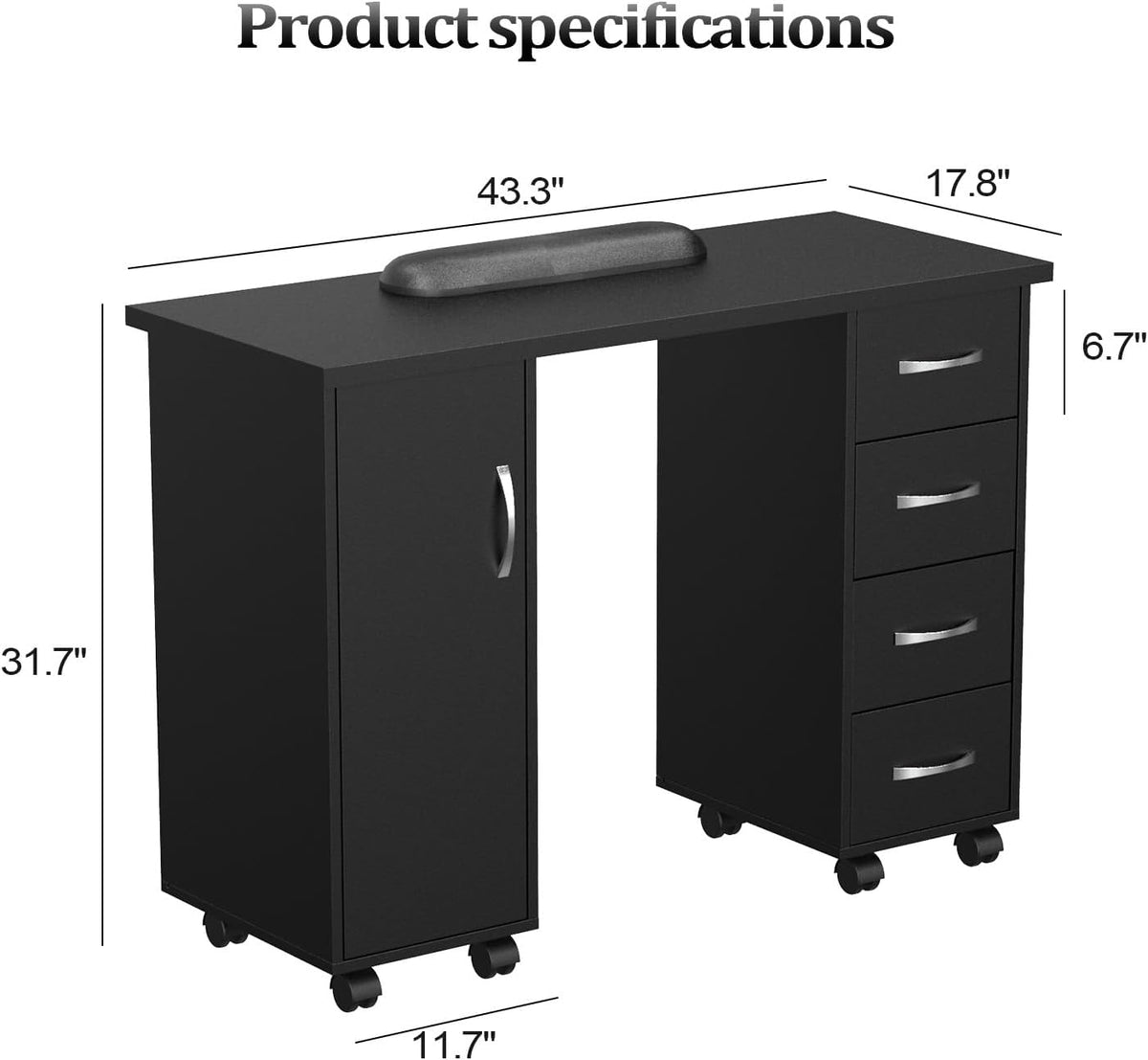 LEADZM Manicure Table Nail Desk w/Cabinet, Drawers, Wheels & Arm Rest, Sp...