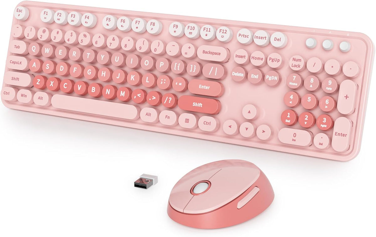 Fogruaden Pink Retro Typewriter Keyboard and Mouse Wireless, 2.4GHz Office Fu...