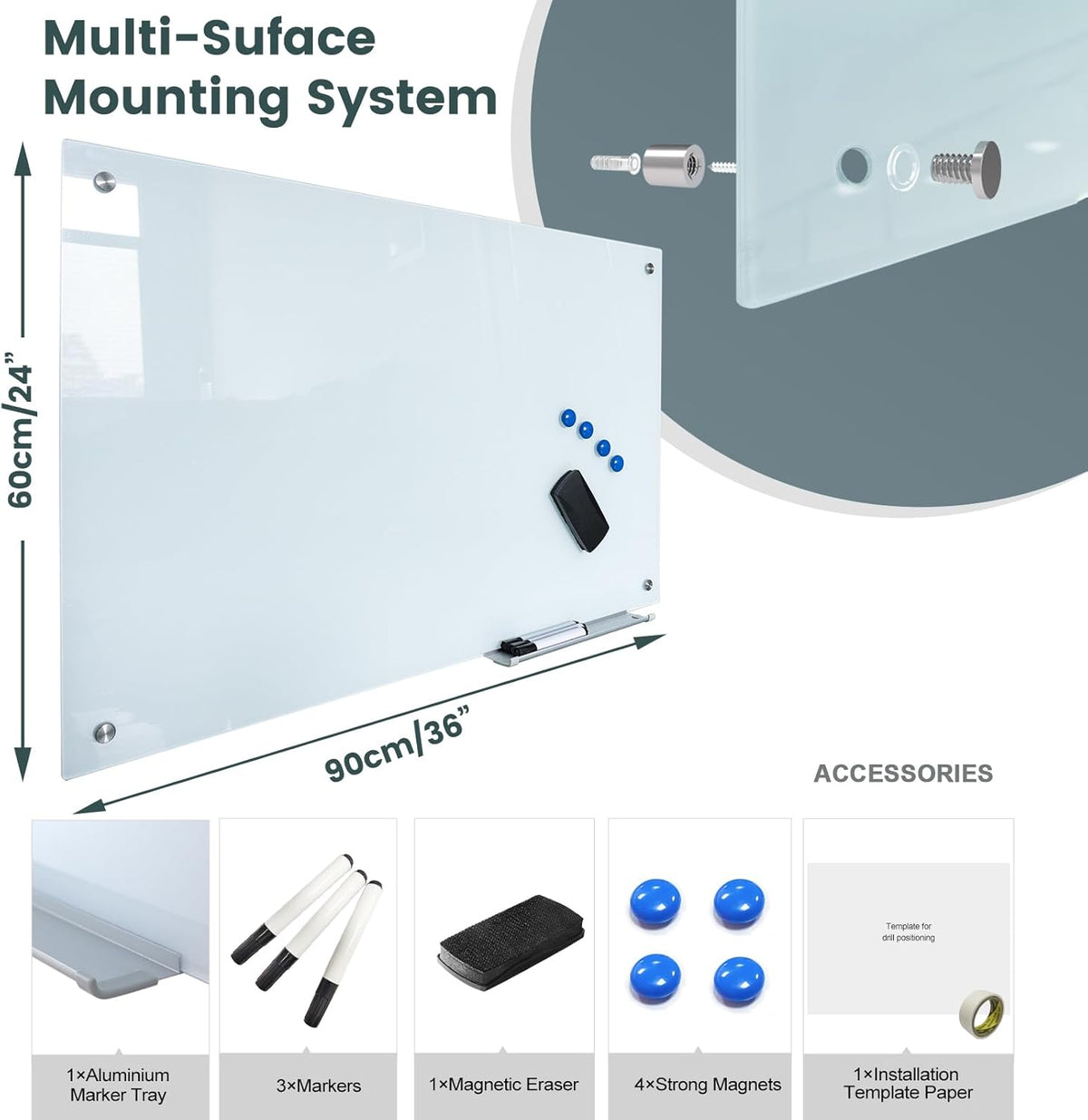 36x24 Magnetic Glass Dry Erase Board, Frameless Glass Whiteboard for Wall