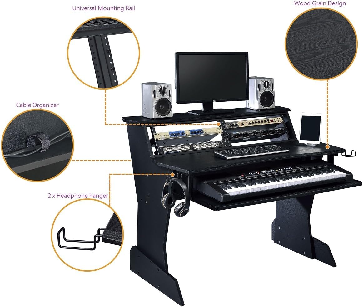 BE200 Series Music Studio Desk Workstation with 2 x 4U Rack (Black)