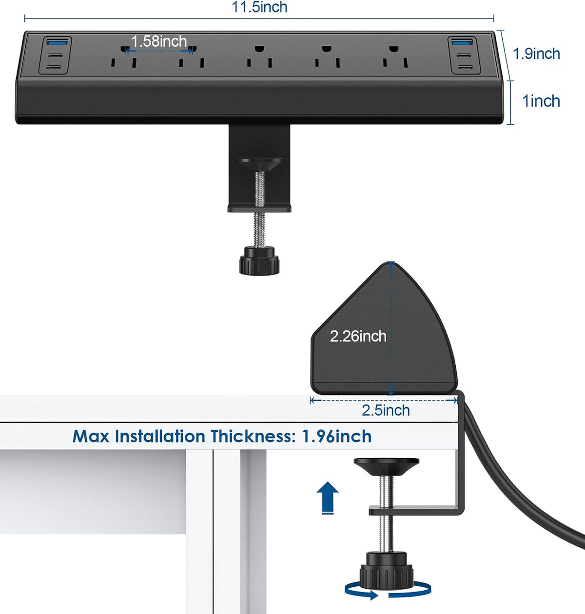 jgstkcity desk clamp power strip usb c,40w total on a desk or shelf