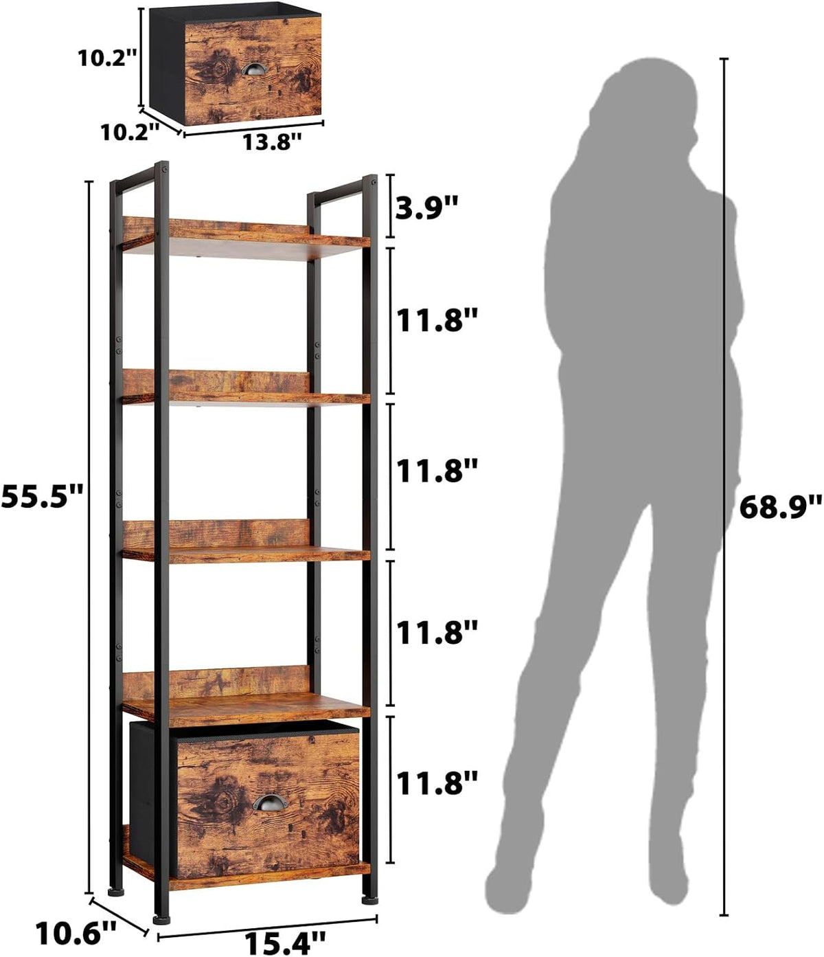 Furologee 5 Tier Bookshelf with Drawer, Tall Narrow Bookcase, Rustic Brown