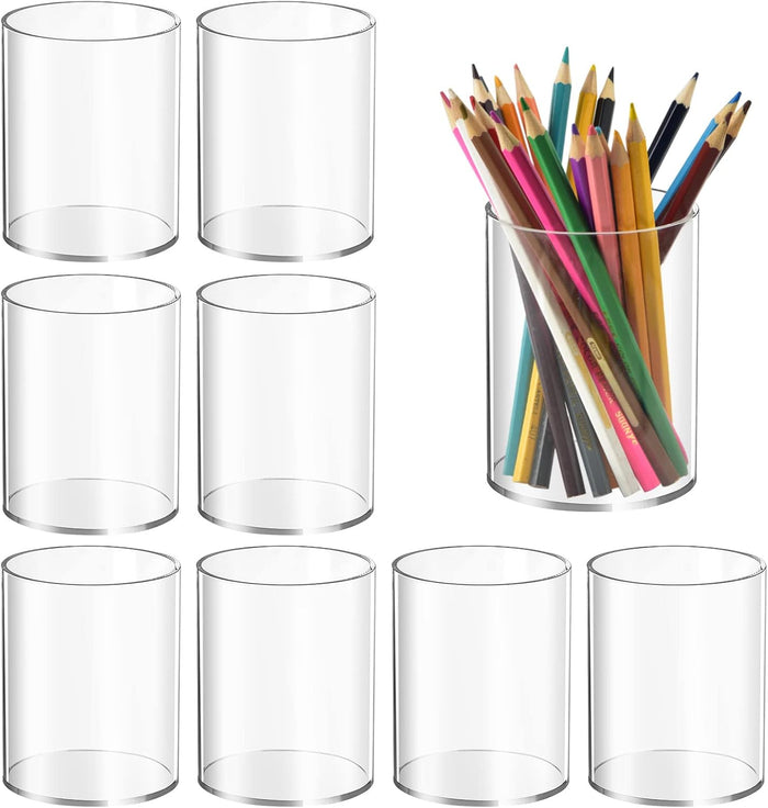 8 Pieces Clear Acrylic Pen Holder Round Acrylic Pencil Cup Clear Makeup Bush Holder Acrylic Desktop Stationery Organizer for Office School Home Desk Accessories (8 Pack, Round)