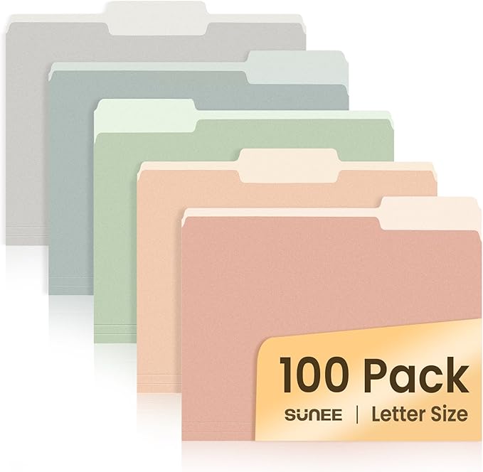 SUNEE File Folders Letter Size Pastel Colors, 100 Pack Manilla Folders 8.5 x 11 by SUNEE