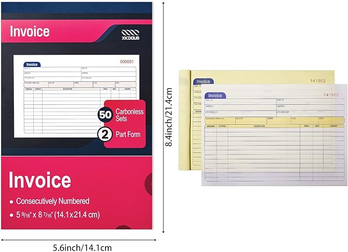 XKDOUS 2 Pack Invoice Book, 2-Part Carbonless, 5-9/16" x 8-7/16" Invoice - Image 2