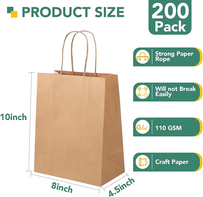 XPCARE 200Pack Paper Bags 8x4.5x10 Inch, Plain Medium Paper Bags - Image 2
