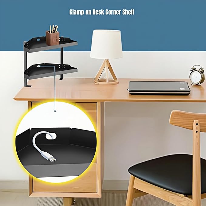 Yuxh Clamp On Desk Corner Shelf 2 Tier Cilp Under Table Corner Organizer - Image 3