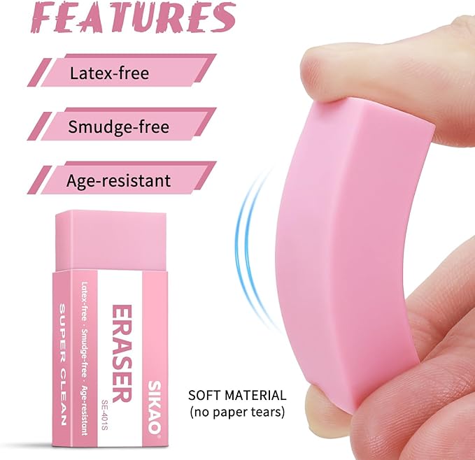 SIKAO Pink Erasers, 6 Pack Block Pencil Erasers – Smudge-Free Latex-Free Cute - Image 3