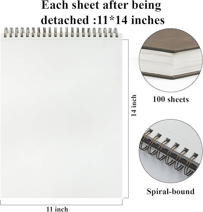 Sketch Book 11 x 14”, 100 Sheets Top Spiral Sketchbook, 68lb /100gsm Drawing - Image 2