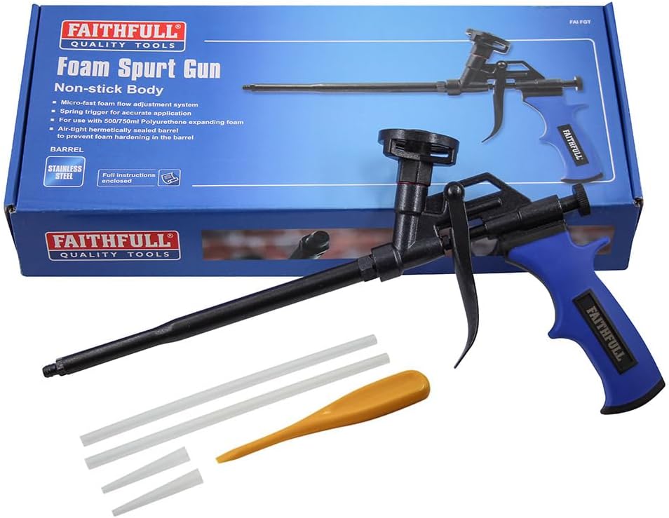 Faithfull Non Stick Foam Gun, Heavy-Duty, Fully Coated Non-Stick Body, Stainless Steel Barrel & Needle, Sealant Dispensing Spray Applicator