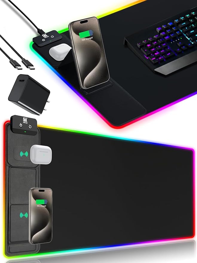 XXL Mouse Pad with Phone Holder, RGB Desk Mat with 15W Fast Charging, LED Large by miroddi