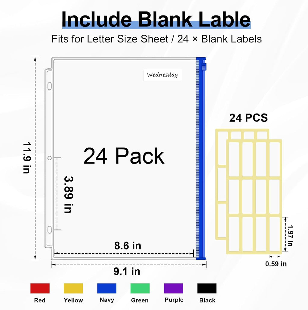 KTRIO 24 Pack Binder Pockets, 8.5 x 11 Colored Zipper Pouches for Binders | Thickened PVC Document Folders, 3 Holes Pre-Punched Fits Standard Binder Letter-Size Paper Storage, Business Office Supplies