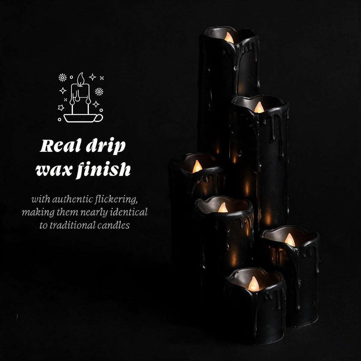 6 Pack LED Flickering Flameless Black Melting Drip Pillar Candles with Timer,...
