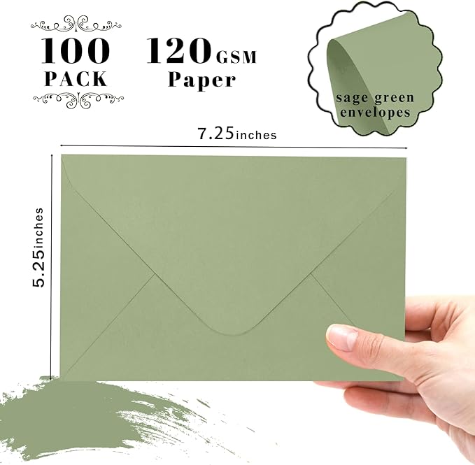 A7 Sage Green Envelopes 100 Pack, Goefun 5x7 V Flap Printable Envelopes - Image 2