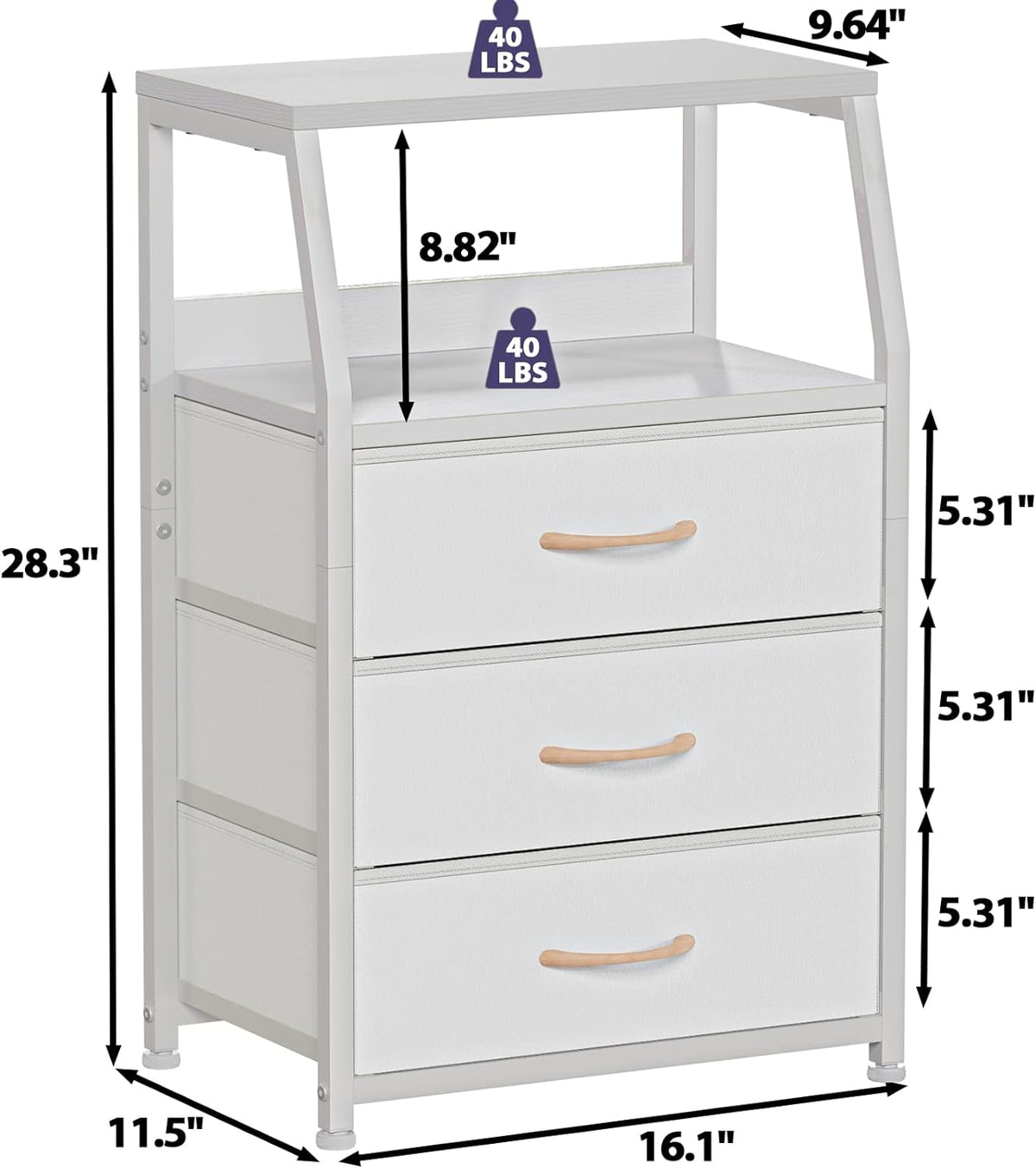 Furnulem White Night Stand with 3 Fabric Drawers, Small Bedside Table