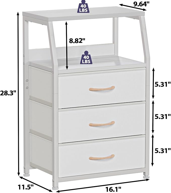 Furnulem White Nightstand with 3 Drawers and 2-Tier Shelf, Small Night Stand - Image 3