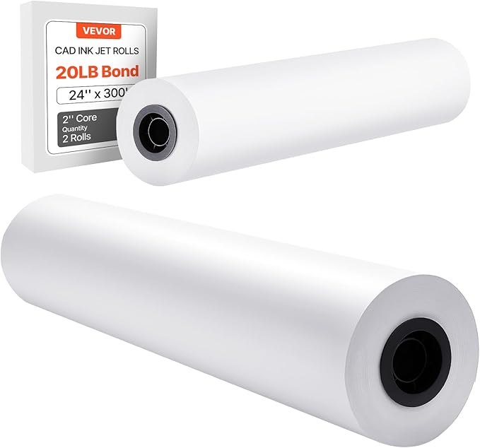 VEVOR Wide Format Paper, 24 in x 300 ft Plotter Roll, 2 Rolls CAD Bond Rolls by VEVOR