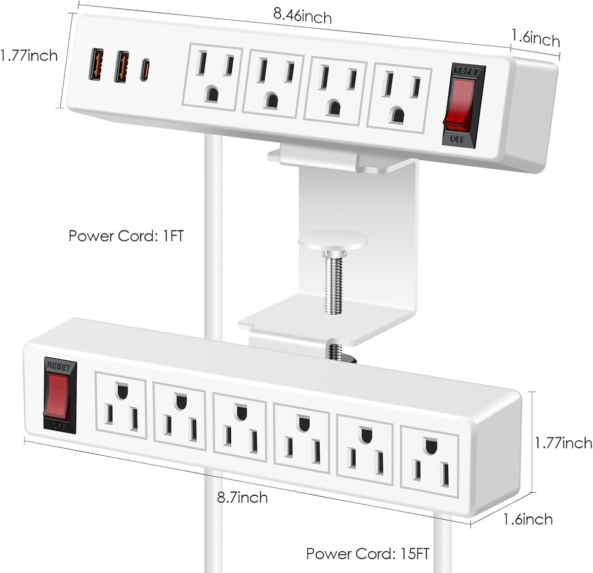 VILONG Desk Clamp Dual Layer Power Strip, 20W USB-C, 700J Surge Protector
