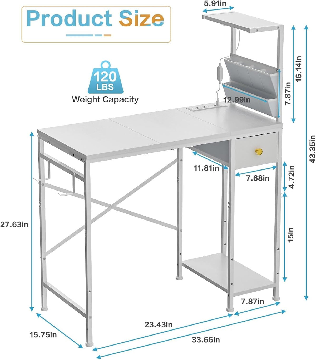 Jakyitvi 33.7" Computer Desk with Power Outlets, LED Lights & Drawer...